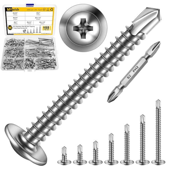 MYWISH 155-piece #8 Philips Truss Head Self-Tapping Lath Screw Kit - 410 Stainless Steel