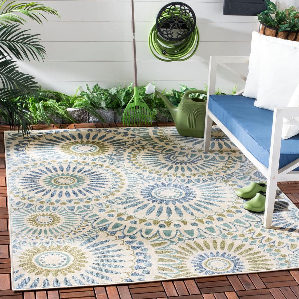 Cream and Green Synthetic Square Indoor/Outdoor Rug 3' x 3'