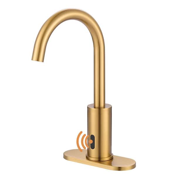 Sensor Touchless Single Hole Bathroom Sink Faucet with Deckplate Included in Brushed Gold