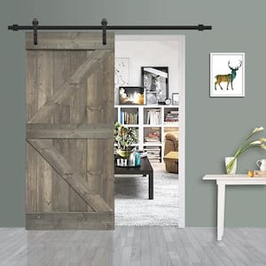 K Series 30 in. x 84 in. Solid Weather Gray Stained Knotty Pine Wood Interior Sliding Barn Door with Hardware Kit