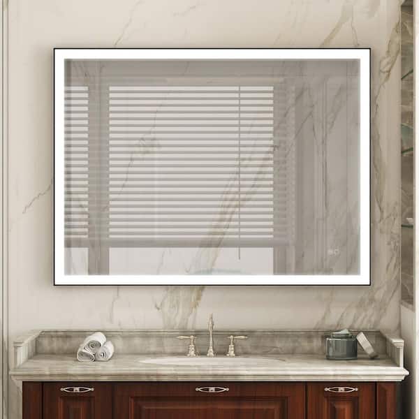 RECA 48 in W x 36 in. H Rectangular Single Aluminum Framed Anti-Fog LED Light Wall Bathroom Vanity Mirror in Matte Black
