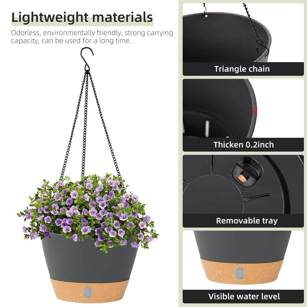 Dark Gray and Beige Plastic Hanging Planter with Reservoir Tray, 8-inch, 2-Pack