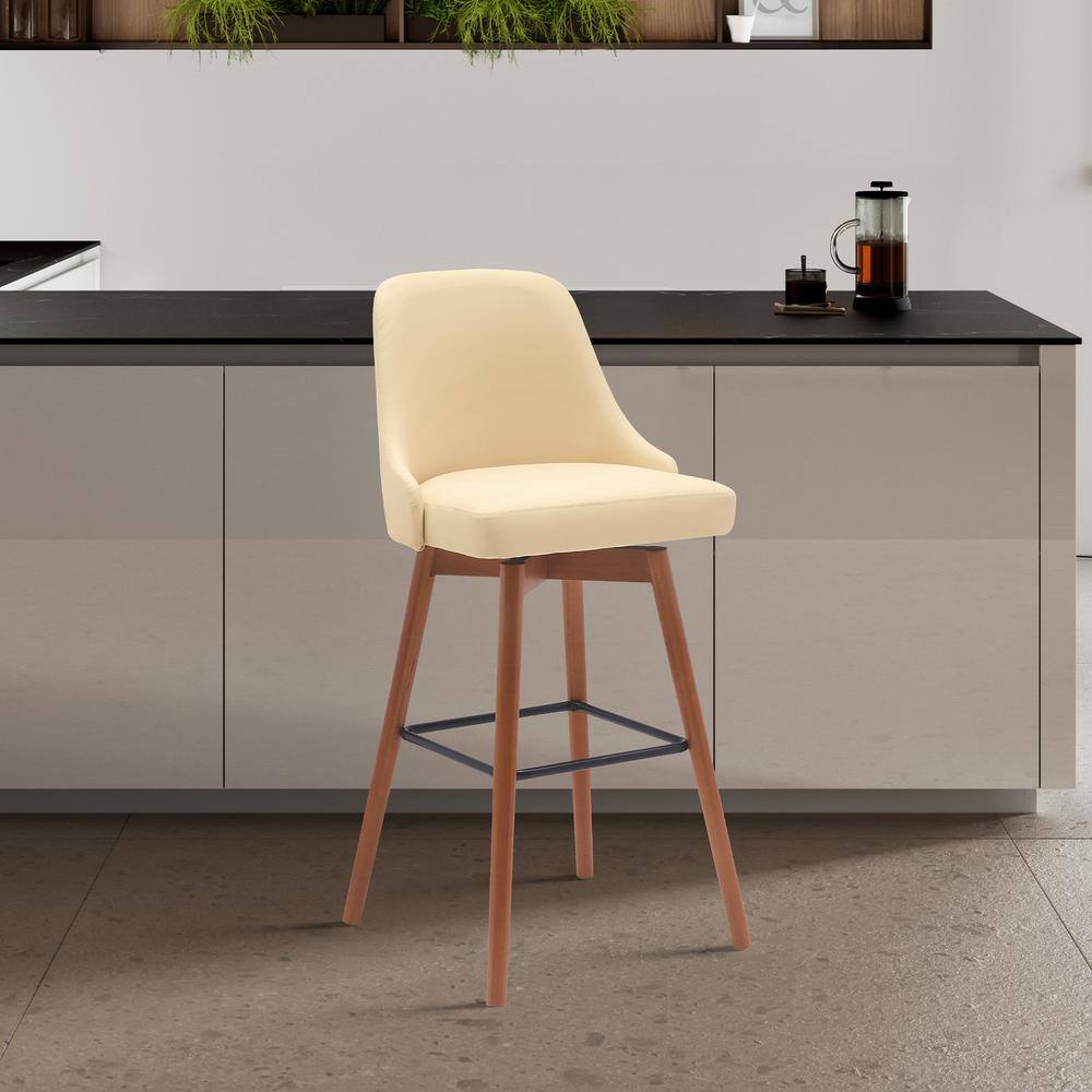 Cream Faux Leather Walnut Wood Swivel Counter Stool