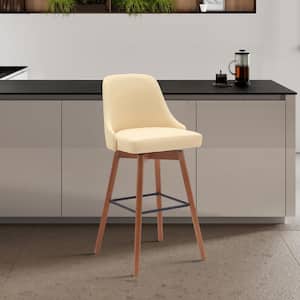 Sicily Swivel 26 in. Cream/Walnut and Black Wood Counter Stool with Cream Faux Leather Seat