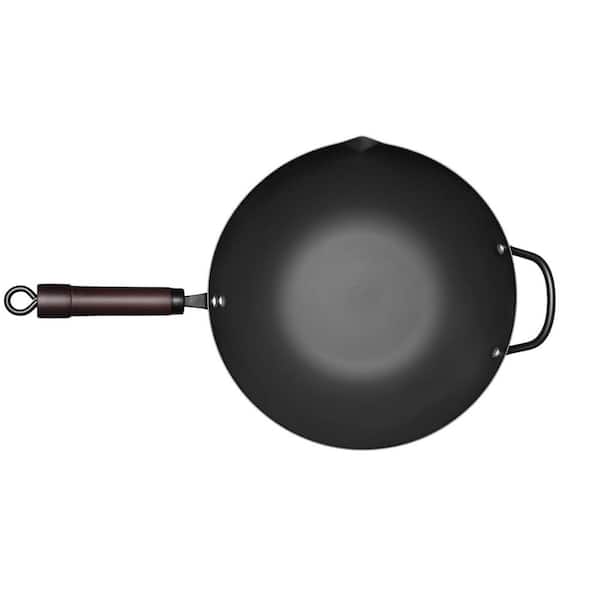 Large 13 in. Black Carbon Steel Gas Woks and Stir-Fry Pans Nonstick, Pre-Seasoned 5.8 qt. Flat Bottom Wok Paella Pan