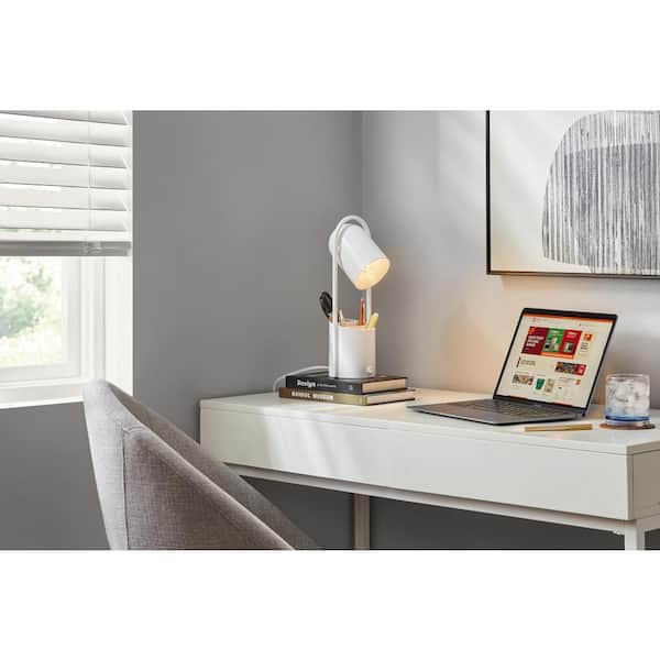 Hampton Bay 13.5 in. 1-Light White Desk Lamp with Adjustable Lamp Head and Built-in Organizer