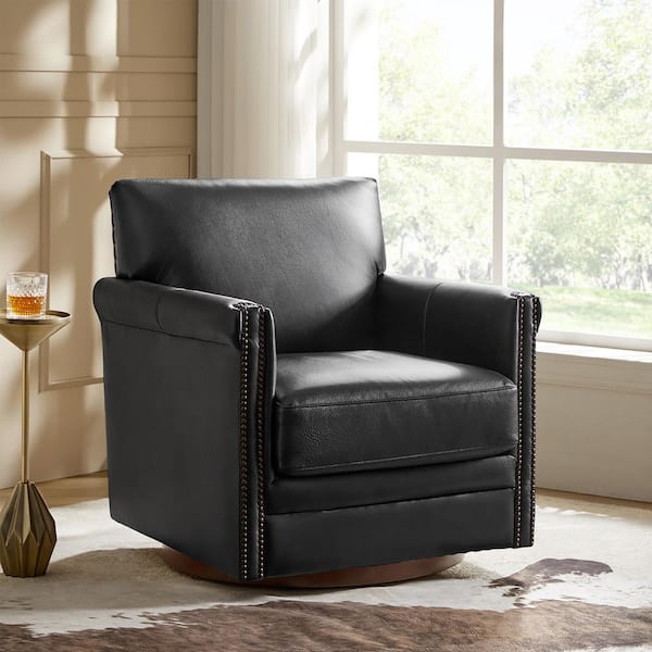 Shelbi Black 29.5 in. Mid-century Modern Genuine Leather Swivel Chair with Solid Wood Base