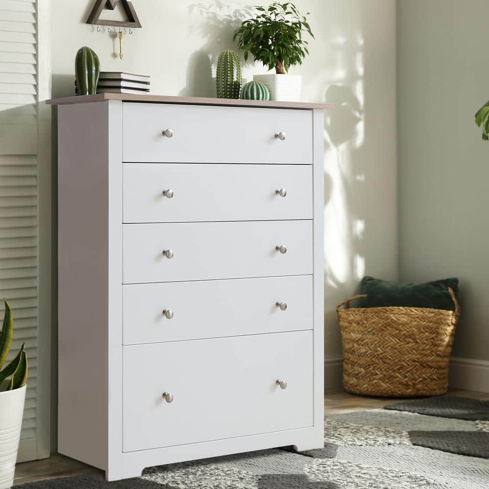5-Drawer White Chest of Drawers with Large Drawer (39.3 in. H x 15.5 in. W x 29.9 in. L)