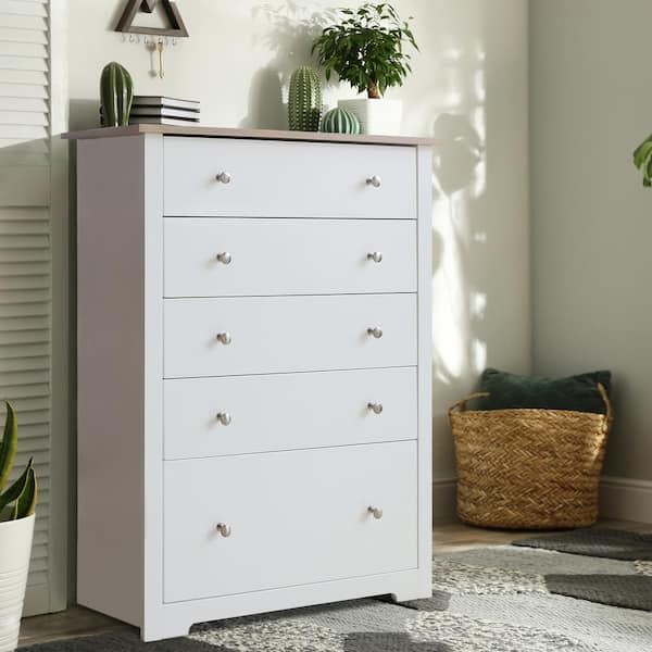 VEIKOUS 5-Drawer White Chest of Drawers with Large Drawer (39.3 in. H x 15.5 in. W x 29.9 in. L)