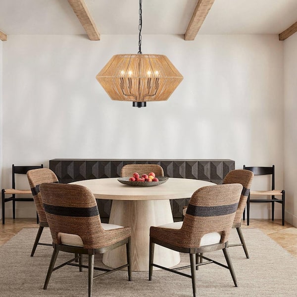 4-Light Drum Black and Brown Hanging Linear Chandelier Lighting with Paper Rattan Shaded for Kitchen Island