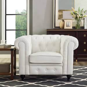 44 in. White Tufted Faux Leather Chesterfield Arm Chair with Solid Wooden Legs
