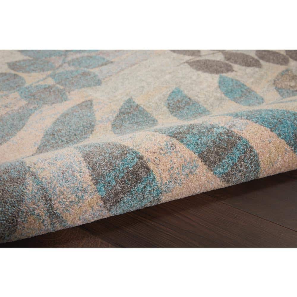 Ivory and Light Blue Floral Synthetic 4' x 6' Rug