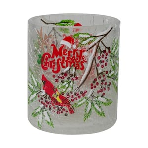 2.75 in. Red Hand Painted Christmas Cardinal and Pine Flameless Glass Candle Holder