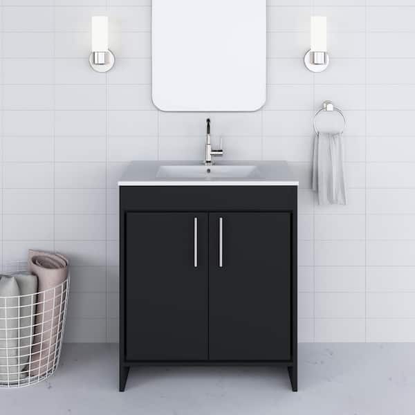 VOLPA USA AMERICAN CRAFTED VANITIES Villa 30 in. W x 18 in. D Bathroom Vanity in Black with Ceramic Vanity Top in White with White Basin