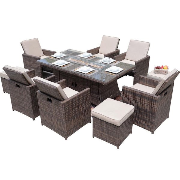 Deakon Brown 11-Piece Wicker Patio Fire Pit Dining Sofa Set with Beige Cushions