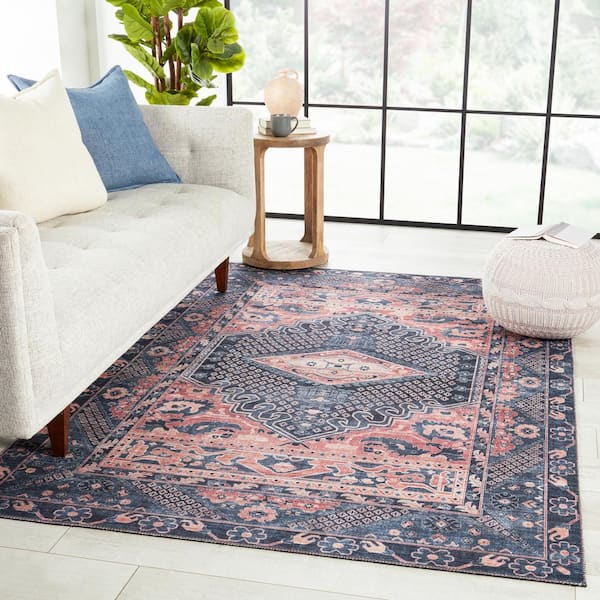 Nikki Chu Issa Dark Blue/Pink 6 ft. x 9 ft. Medallion Rectangle Area Rug