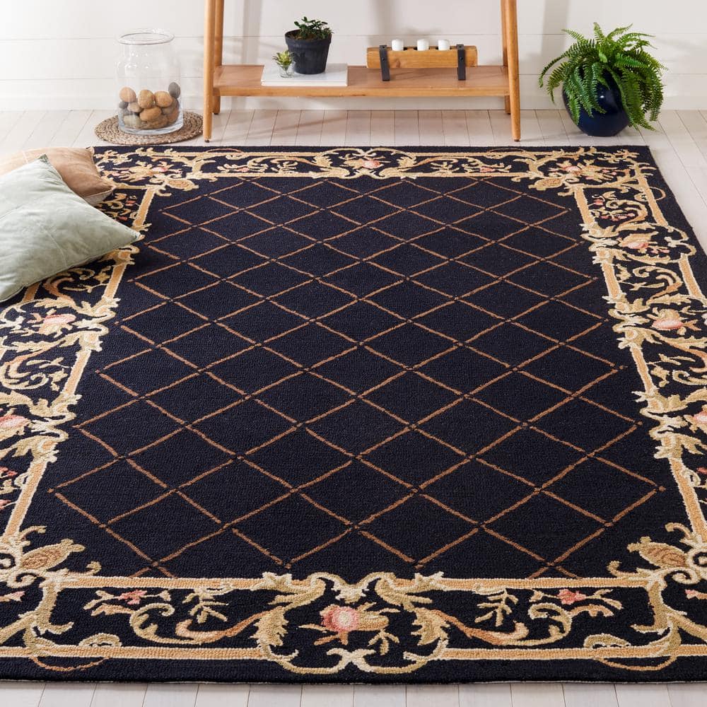 Black Floral Hand-Hooked Wool Runner Rug