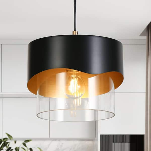 Zevni Modern 1-light Black and Gold Pendant Light with Cylinder Metal and Glass Shade, Hanging Lamp for Kitchen Island