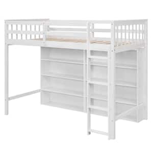 White Twin Size Wood Loft Bed with 8 Open Storage Shelves