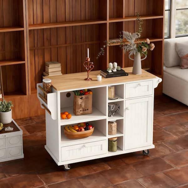 Unbranded White Wood 50.8 in. Kitchen Island with Solid Wood Desktop, Microwave Cabinet and Adjustable Shelves for Kitchen Room