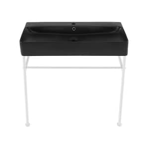 Carre 36 in. Ceramic Console Sink Basin in Matte Black with Matte White Legs