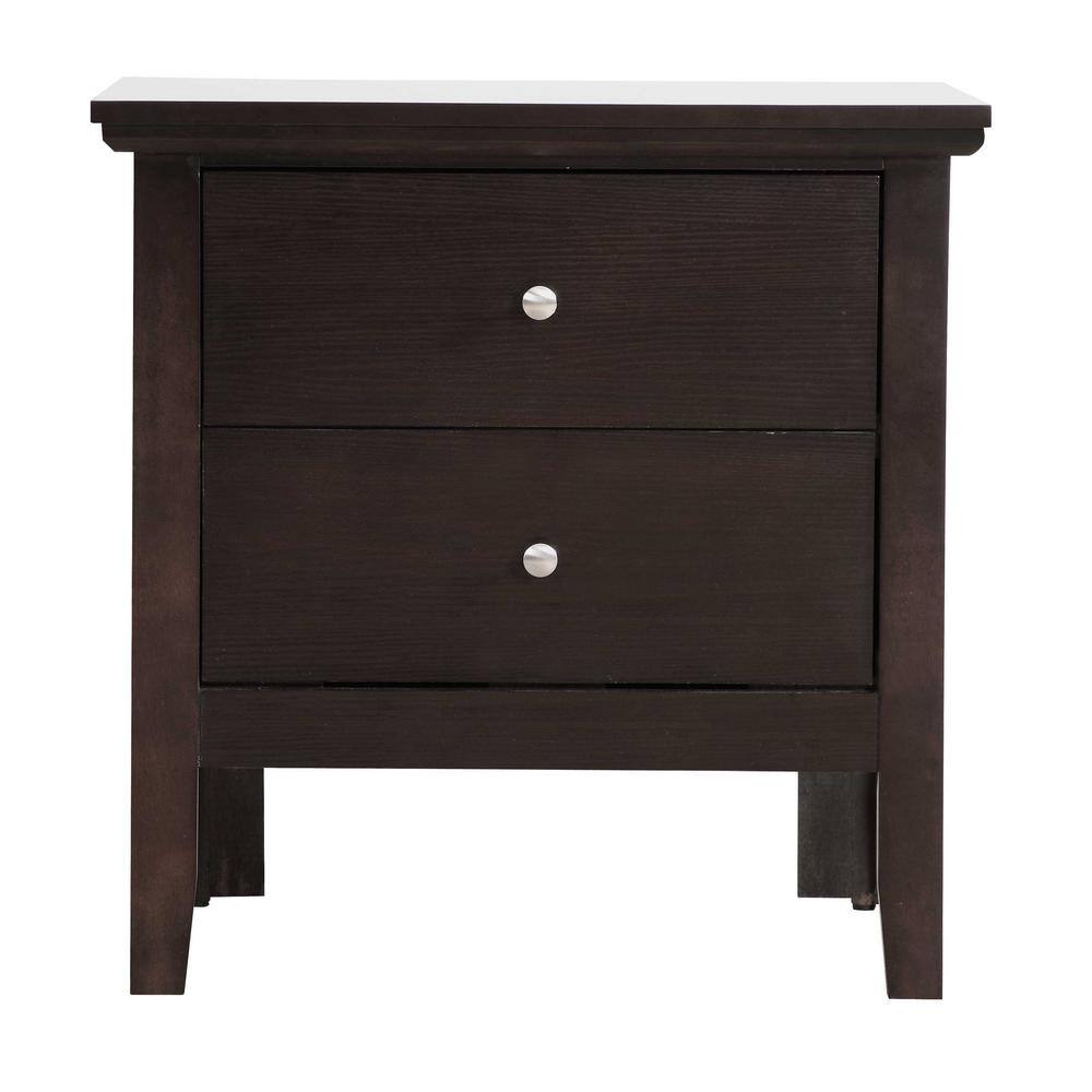 Espresso Solid Wood 2-Drawer Nightstand with Nickel Handles
