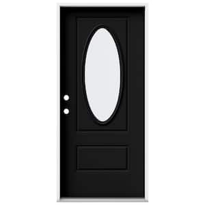 36 in. x 80 in. 1 Panel Right-Hand/Inswing 3/4 Lite Oval Clear Glass Black Steel Prehung Front Door