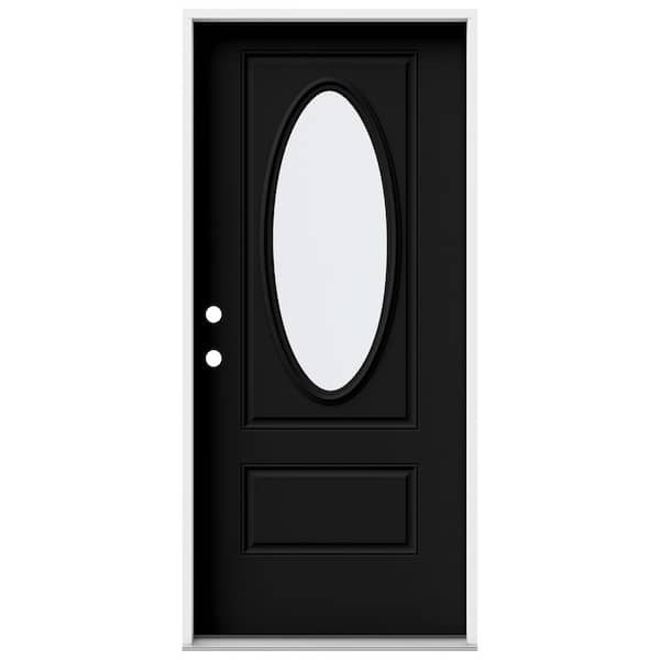 JELD-WEN 36 in. x 80 in. 1 Panel Right-Hand/Inswing 3/4 Lite Oval Clear Glass Black Steel Prehung Front Door