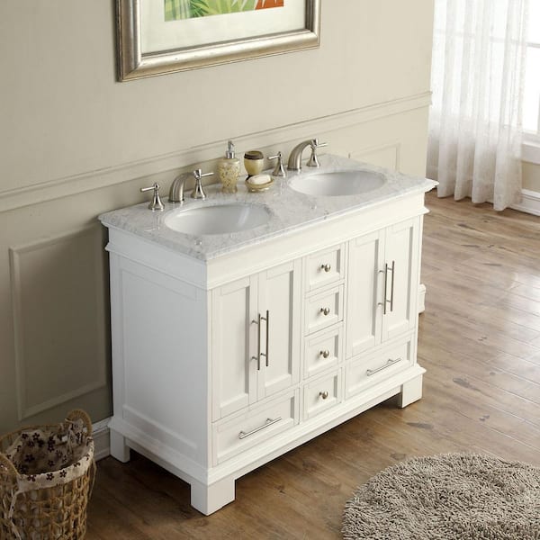 48 in. W x 22 in. D Vanity in White with Marble Vanity Top in Carrara White with White Basin