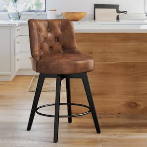 Rowland 26.5 in Seat Height Brown Faux Leather Counter Height Solid Wood Leg Swivel Bar stool（Set of 1）