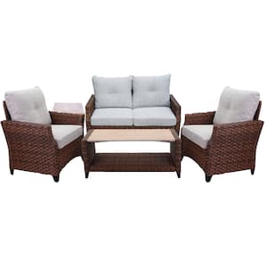 Costa Mesa 5-Piece Aluminum Outdoor Loveseat Set with Coffee Table, End Table & 2 Club Chairs with Tan Blend Cushions