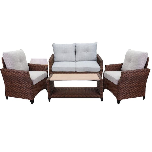 Courtyard Casual Costa Mesa 5-Piece Aluminum Outdoor Loveseat Set with Coffee Table, End Table & 2 Club Chairs with Tan Blend Cushions