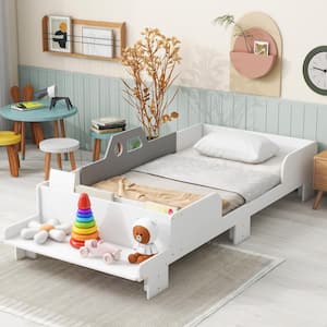 White Wood Frame Twin Size Car-Shaped Bed with Footboard Bench and Storage