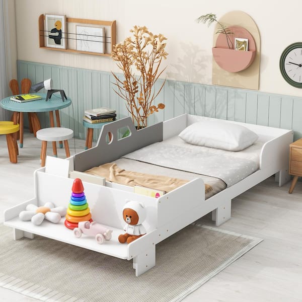 Harper & Bright Designs White Wood Frame Twin Size Car-Shaped Bed with Footboard Bench and Storage