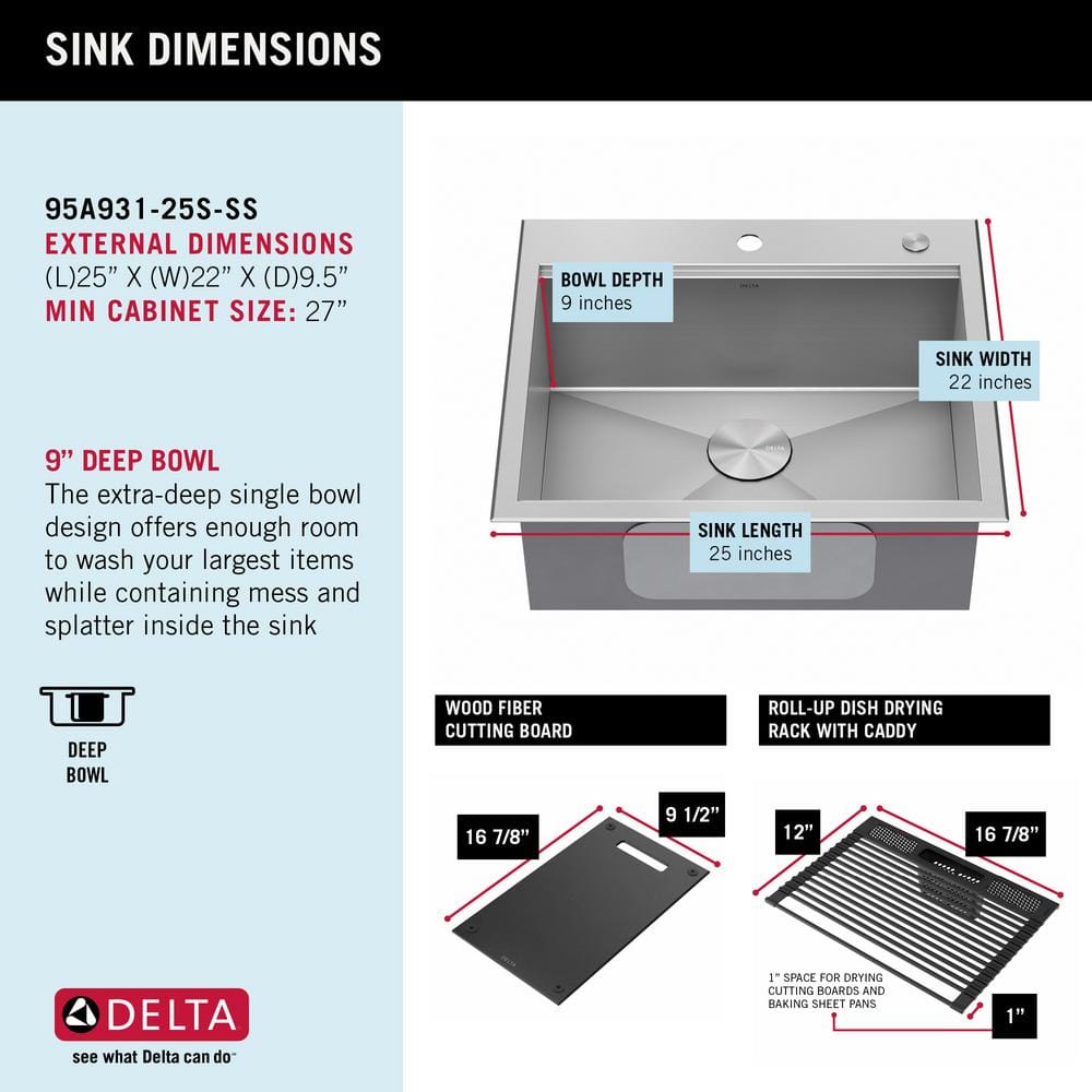 Delta Rivet 25-Inch Stainless Steel Single Bowl Workstation Kitchen Sink