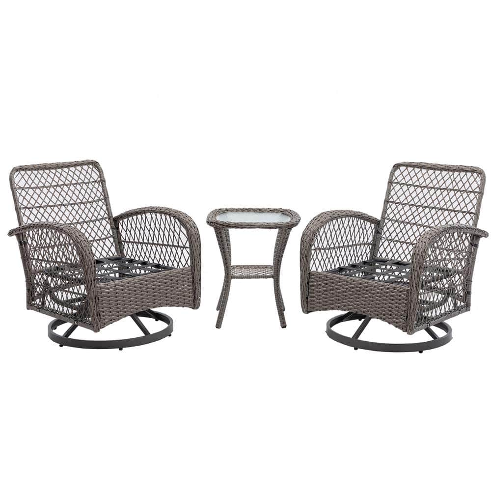 3-Piece Wicker Outdoor Rocking Chair with Grey Cushion (2-Chairs, 1-Glass C