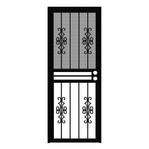 Unique Home Designs 30 in. x 80 in. Watchman Duo Black Recessed Mount All Season Security Door with Insect Screen and Glass Inserts