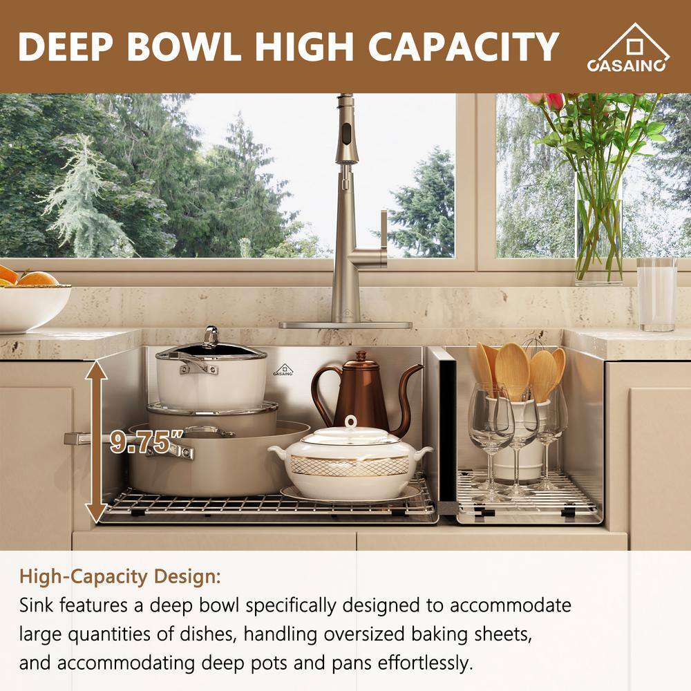 32" Stainless Steel Undermount Double Bowl Kitchen Sink with Matte Black Faucet