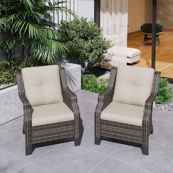 2-Piece Wicker Patio Outdoor Lounge Chair with Beige Cushions