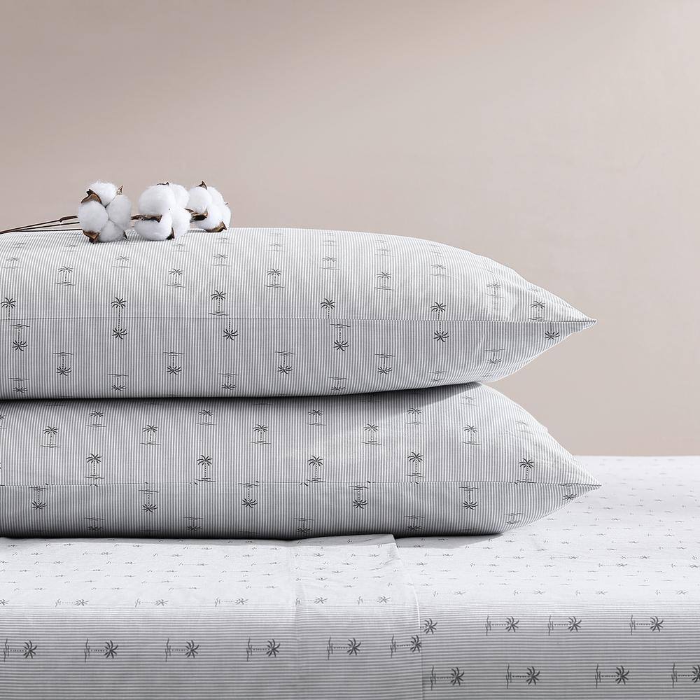 Gray Cotton Percale Queen Sheet Set with Palm Print