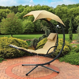 Floating Metal Patio Chaise Lounge Chair with Umbrella and Beige Cushions