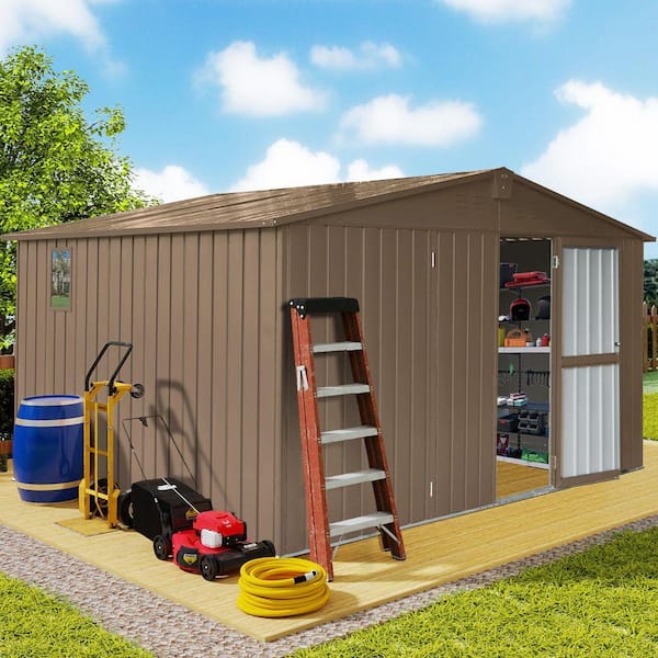 11 ft. W x 9 ft. D Outdoor Metal Shed Tool Storage with Galvanized Steel Frame, Windows, Lockable Door Brown(99 sq. ft.)