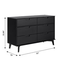 Sloane Mid-Century Modern Black 6-Drawer 52 in. Solid Wood Dresser