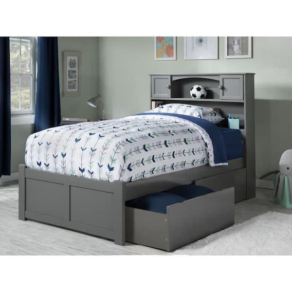 AFI Newport Grey Twin Solid Wood Storage Platform Bed with Flat Panel Foot Board and 2 Bed Drawers