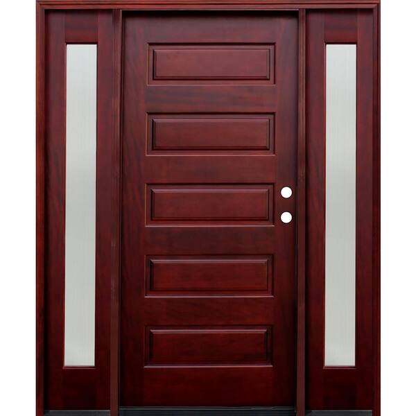 Pacific Entries 70 in. x 80 in. 5-Panel Stained Mahogany Wood Prehung Front Door w/ 6 in. Wall Series & 14 in. Reed Sidelites