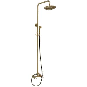 2-Spray Outdoor Wall Bar Shower Kit 8 in. Round Rain Shower Head with Hand Shower and 2 Cross Knobs in Antique