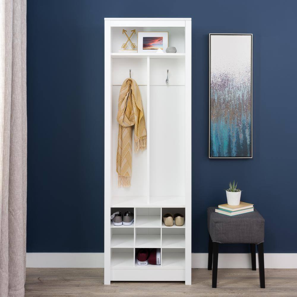 White Laminate Entryway Organizer with Shoe Storage and Coat Hooks