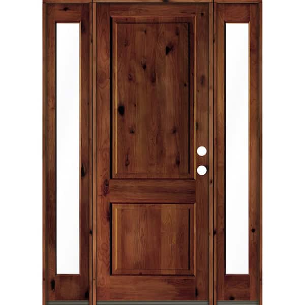 Krosswood Doors 64 in. x 96 in. Rustic Knotty Alder Square Top Red Chestnut Stained Wood Left Hand Single Prehung Front Door