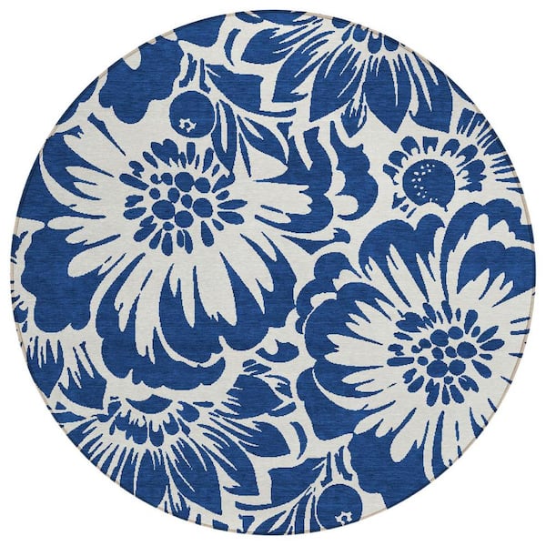 8' Round Ivory And Blue Round Floral Indoor Outdoor Area Rug