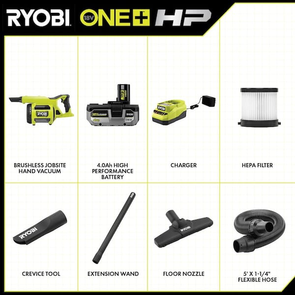 ONE+ HP 18V Cordless Hand Vacuum Kit with HEPA Filter, 4.0 Ah HIGH PERFORMANCE Battery and 18V Charger